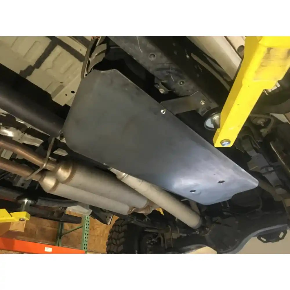 Rear view of installed fuel tank skid plate