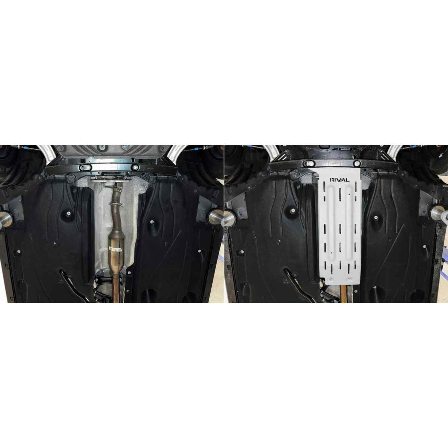 Before & After View of Rival Catalytic Converter Skid Plate For Maverick hybrid