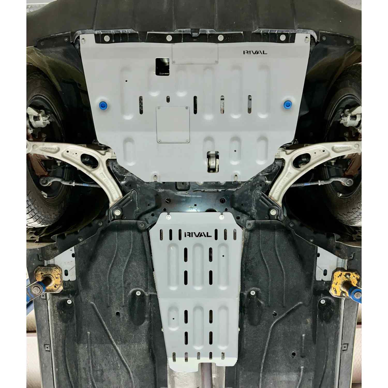 Underbody view of catalytic converter skid plate