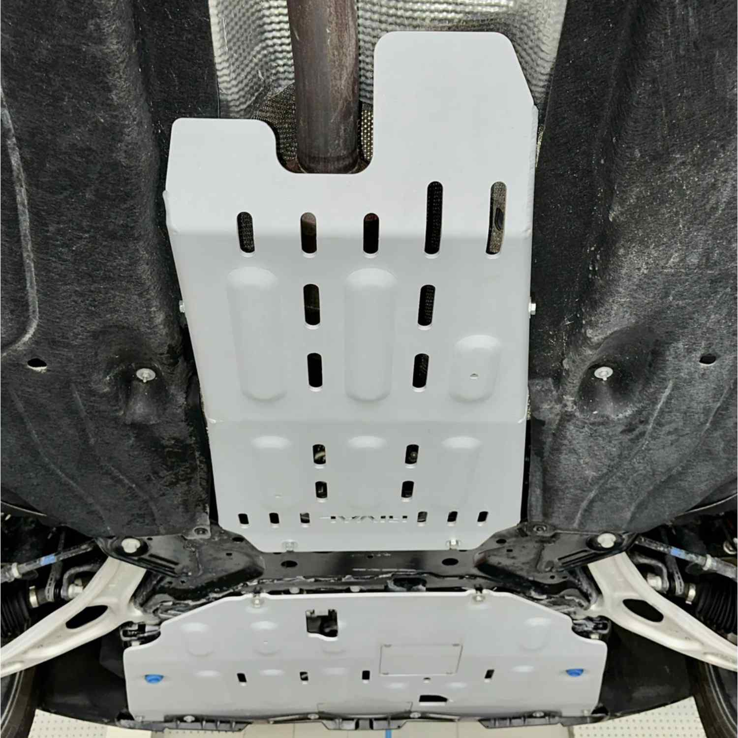 underbody view of mounted skid plate