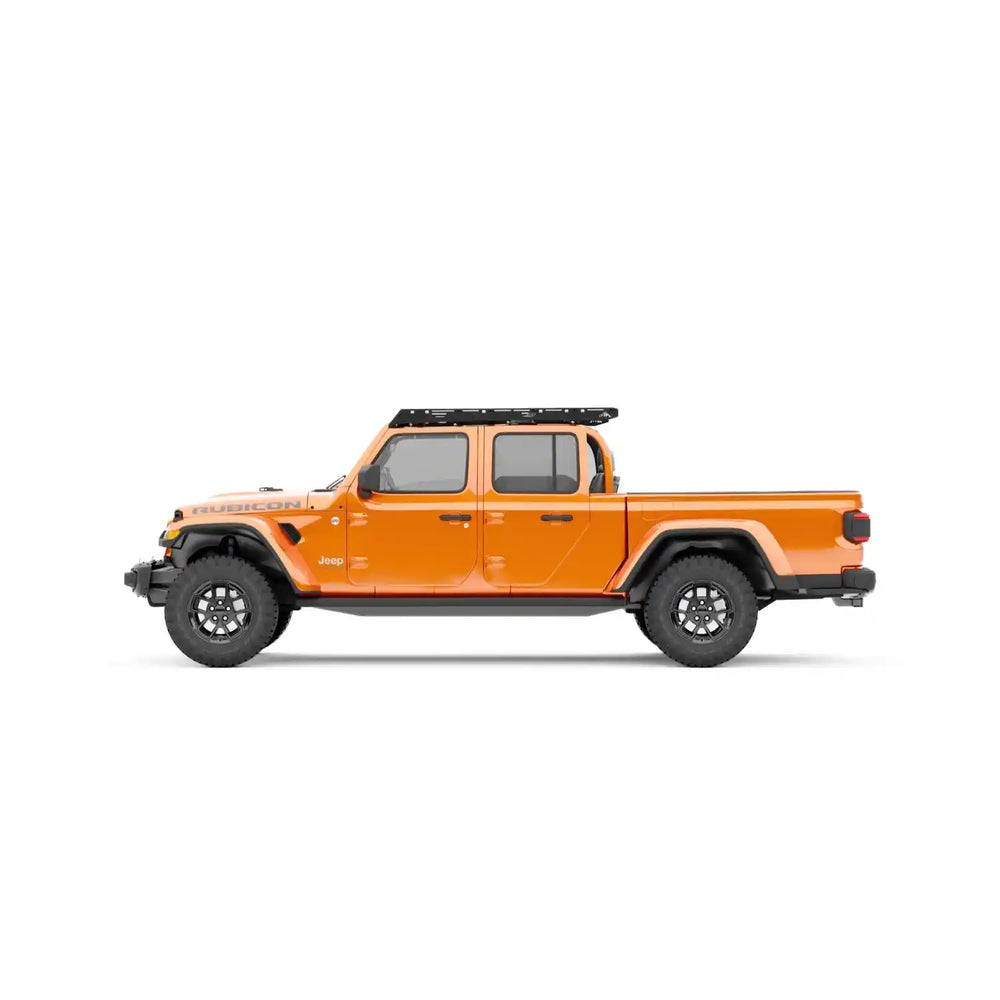 Roof off view with mounted roof rack on an orange gladiator on a white background