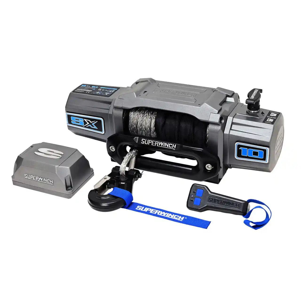 SX12 12000lb winch with wireless remote on white backgrounc