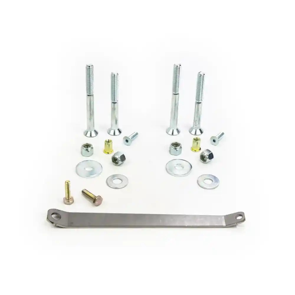 Set of metal bolts, washers, and a lever on a white background