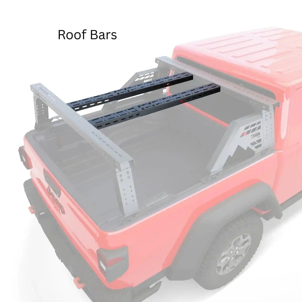 Red truck with roof bars on a white background