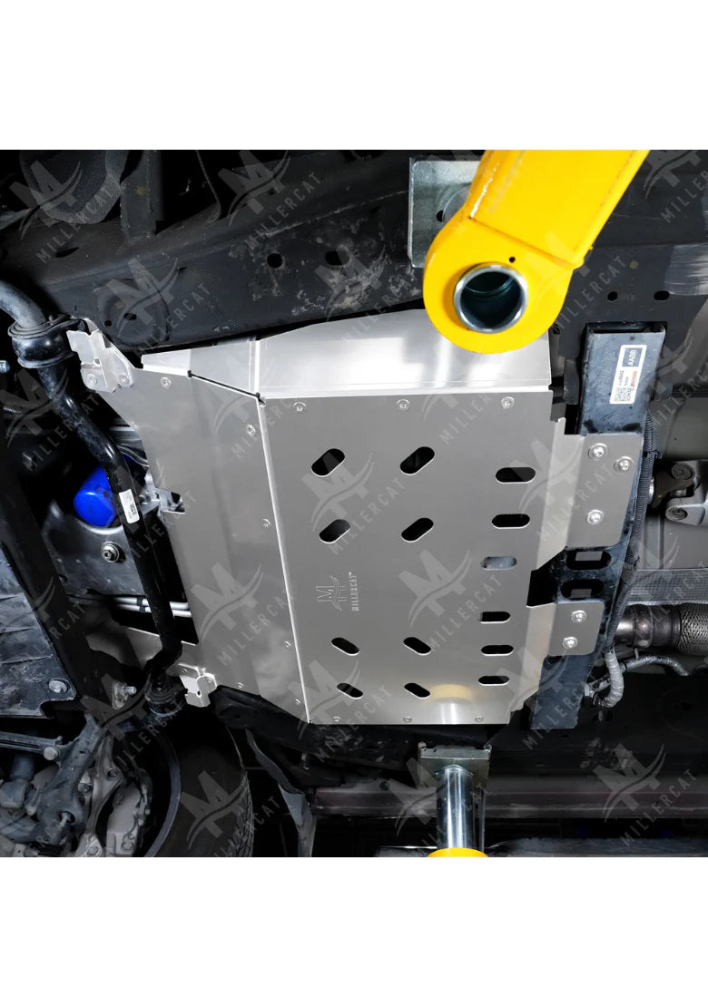 Metal engine guard with yellow handle on a Sierra 1500 engine