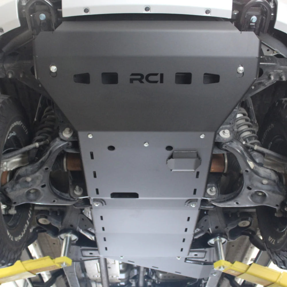 Silver RCI front skid shielding Ranger oil pan.