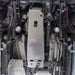 Silver transmission crossmember skid plate installed on Wrangler JL
