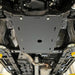Skid plate newly installed under vehicle, front view