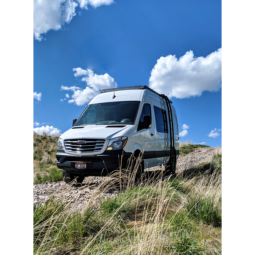 Prinsu Sprinter Van 144 Roof Rack on Black Van Side View