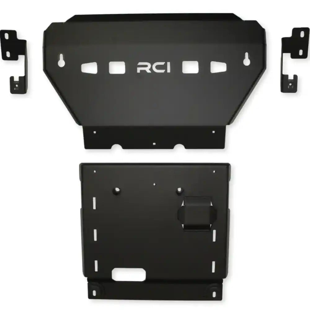 Standalone black RCI engine skid plate flat view.