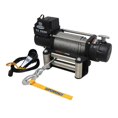 Supervinch 11500lb winch with cable and control on a white background