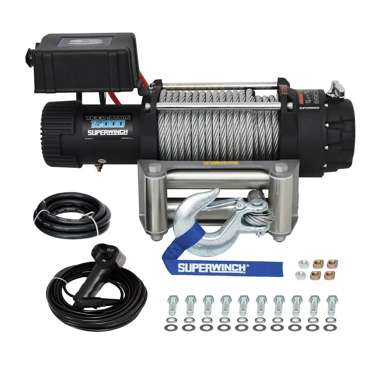 Superwinch 15000SR kit with cable, harness, and accessories on a white background
