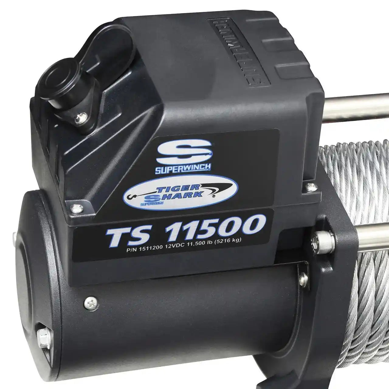 Superwinch TigerShark TS 11500 winch motor with cable on a white background