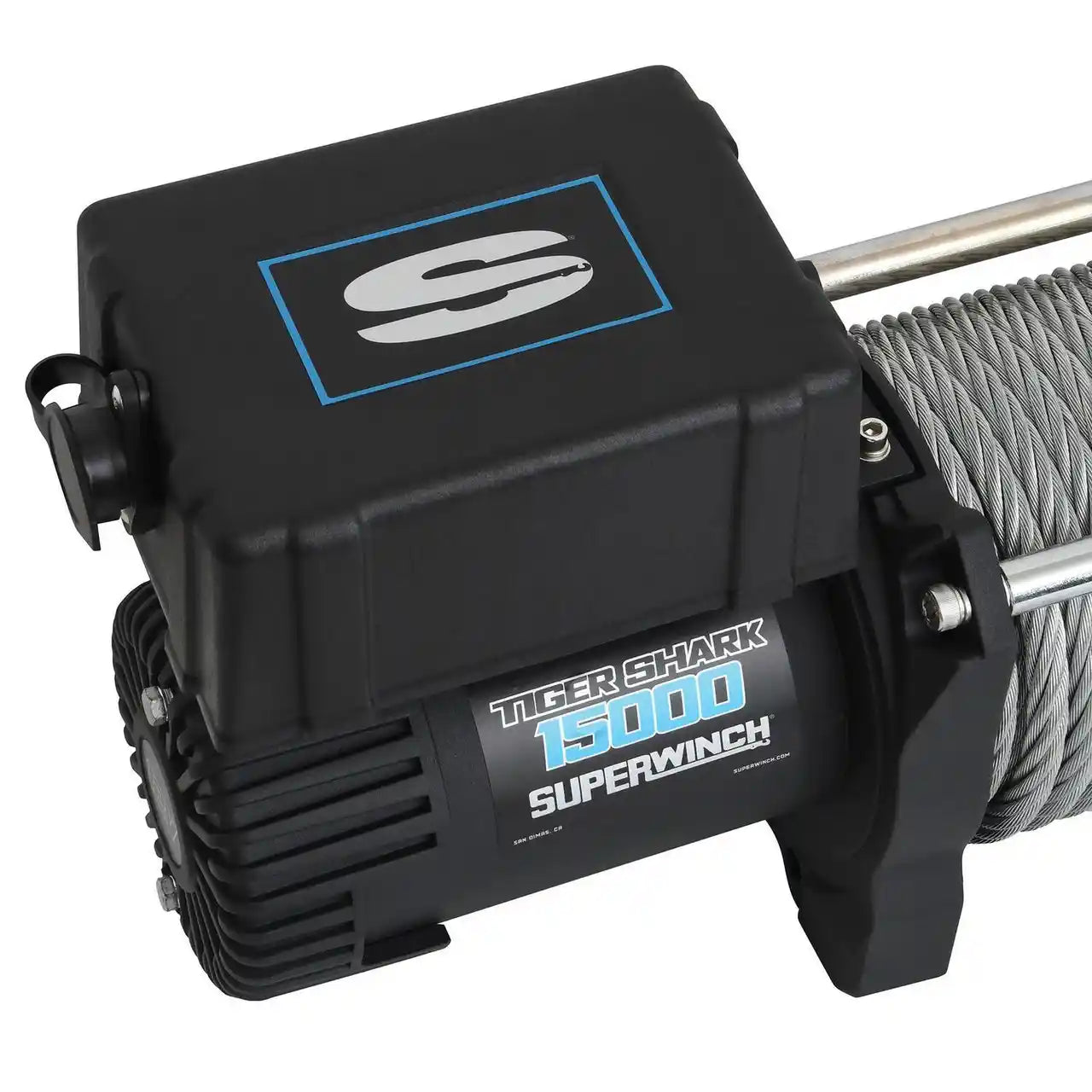 Superwinch Tiger Shark 15000 winch with motor on a white background
