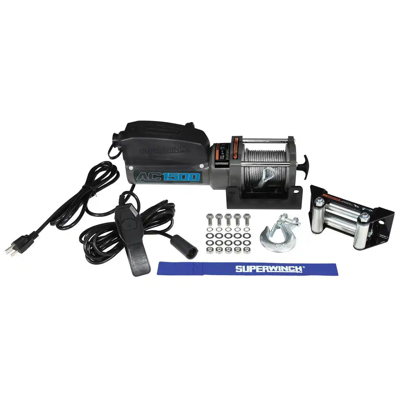 Superwinch winch kit with cable, accessories, and label on a white background