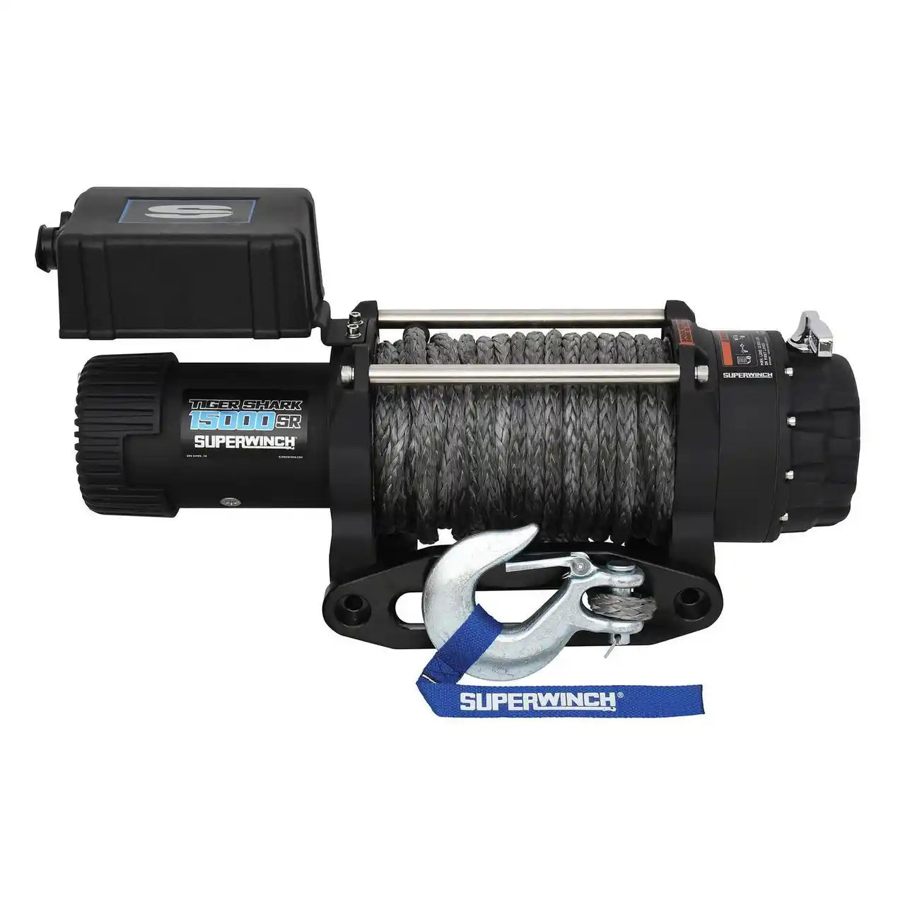 Superwinch winch with synthetic cable and control box on a white background