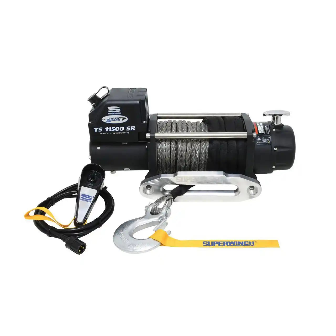 Superwinch winch with synthetic cable and hook on a white background
