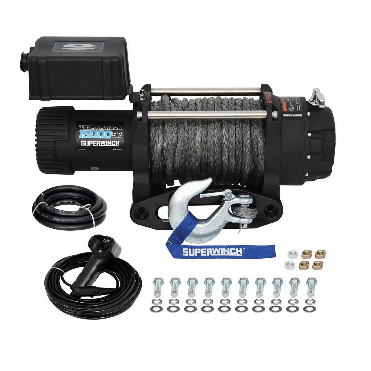 Superwinch winch with synthetic rope and accessories on a white background
