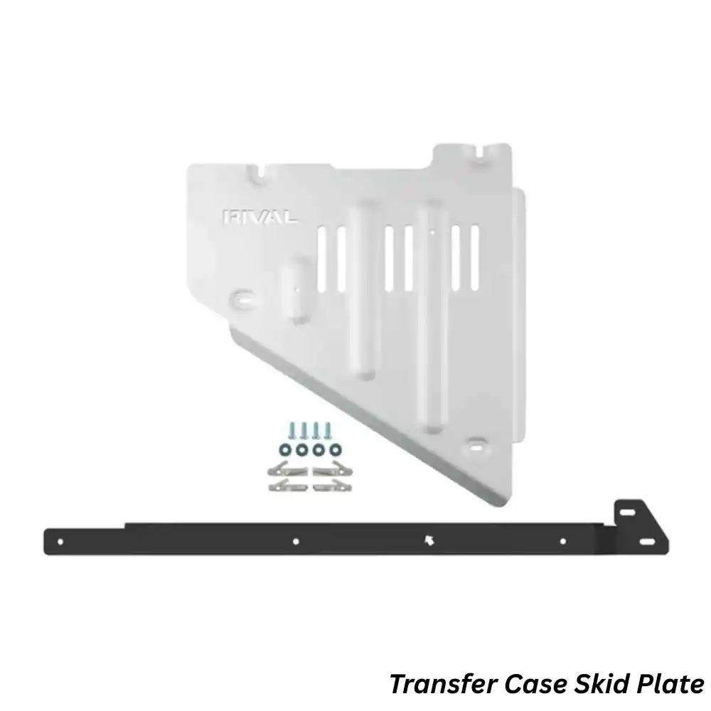 Transfer case skid plate with mounting hardware on a white background