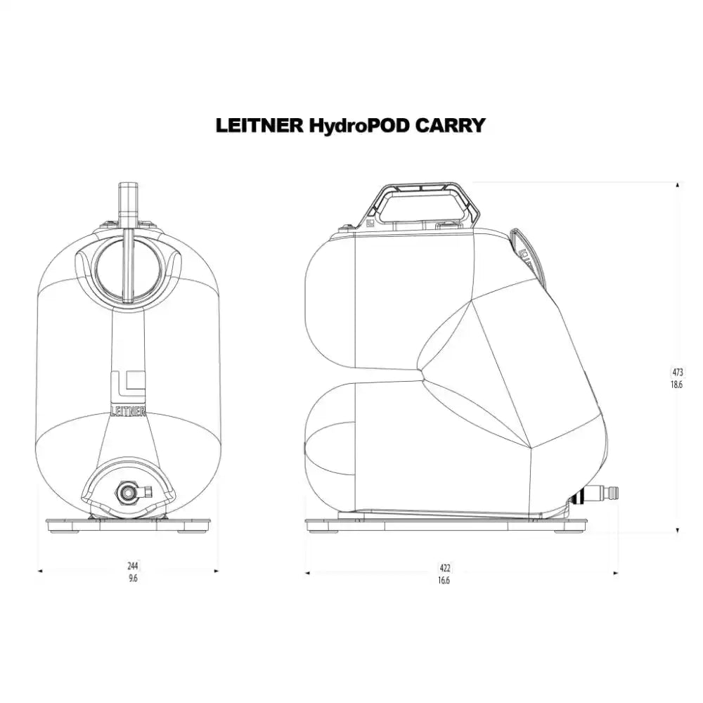 Technical diagram showing HydroPOD CARRY tank shape and component layout