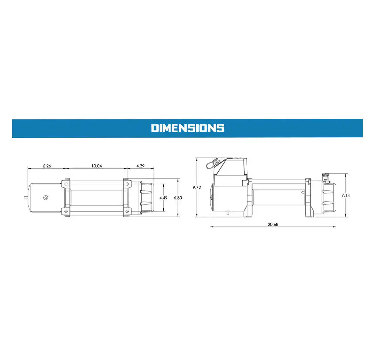 Technical drawing of a 1500lb winch with dimensions labeled on a white background.