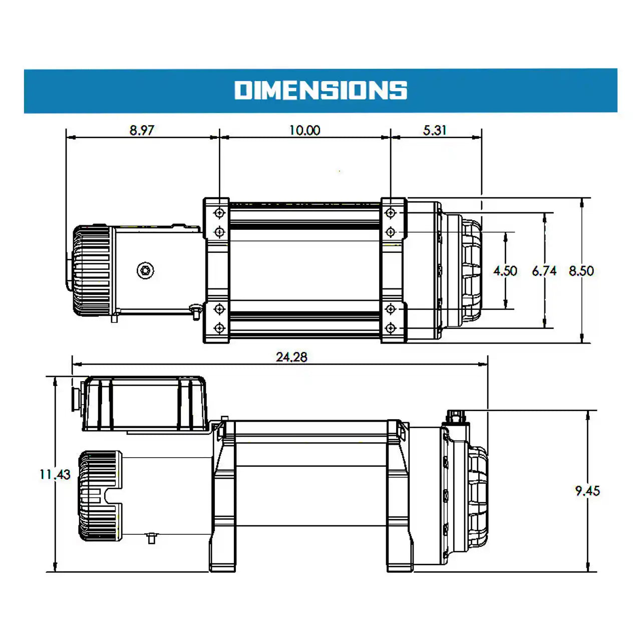 Technical drawing of a 18000SR winch with dimensions labeled