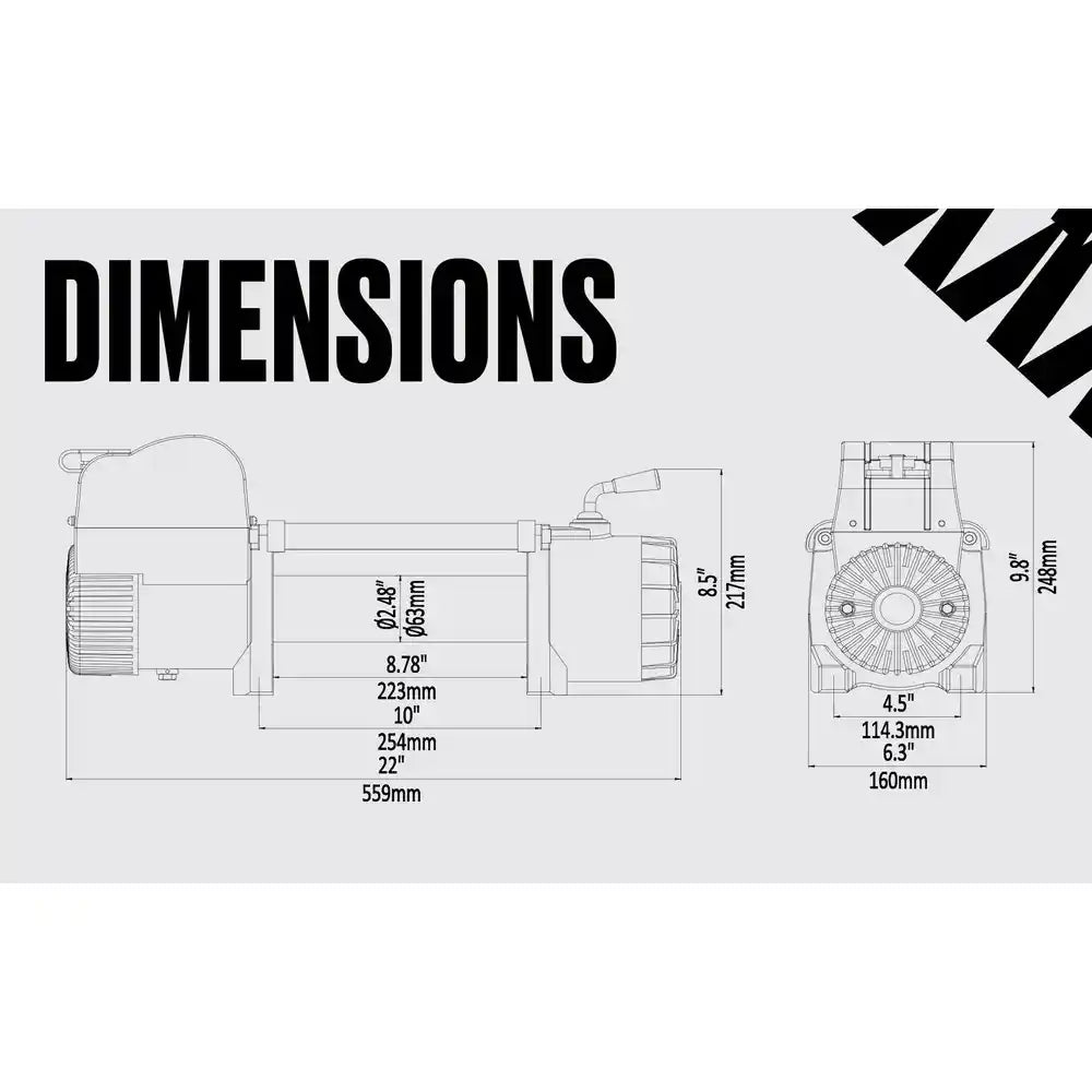 Technical drawing of a 8000lb winch with dimensions labeled on a white background
