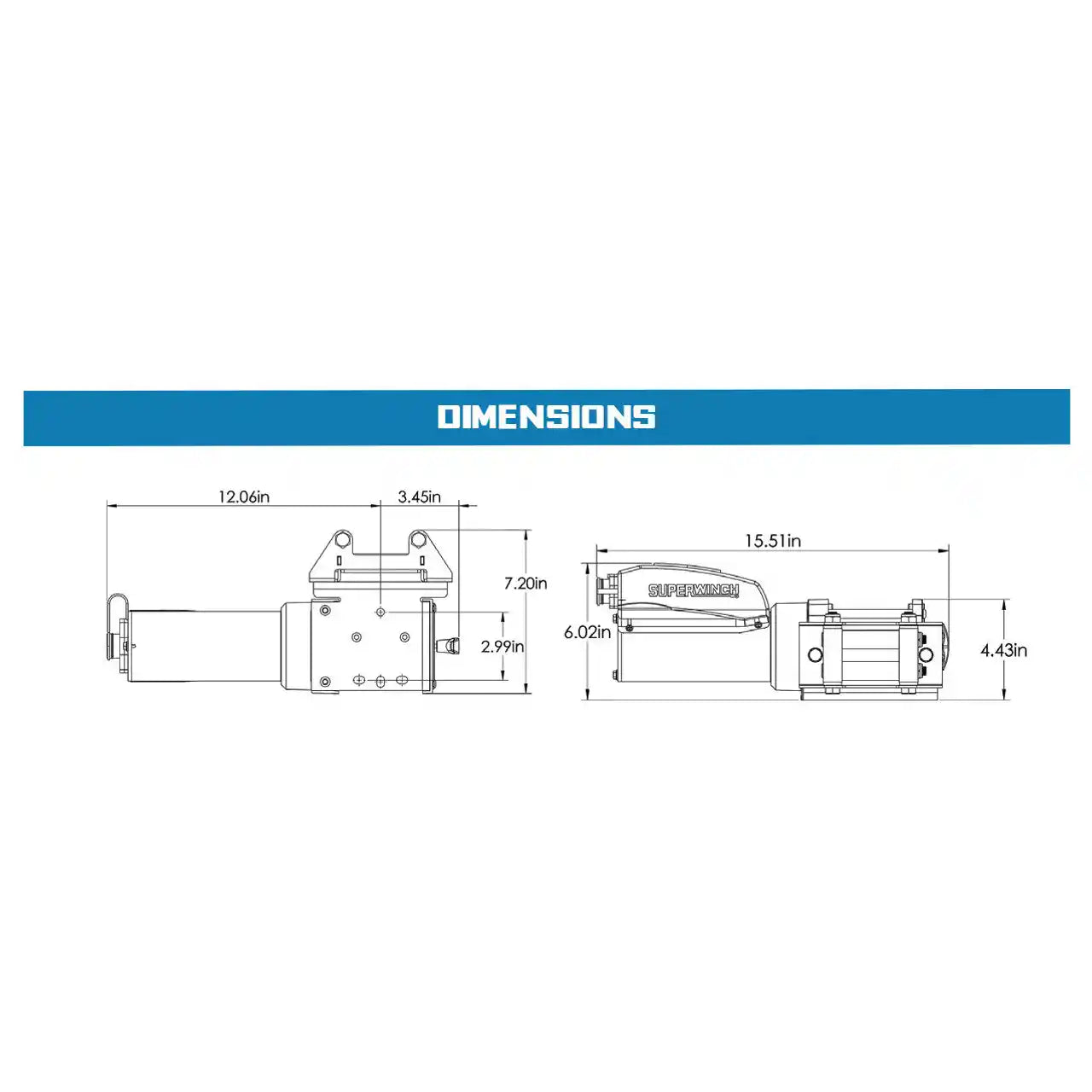 Technical drawing of a AC 1500 winch components with dimensions labeled on a white background