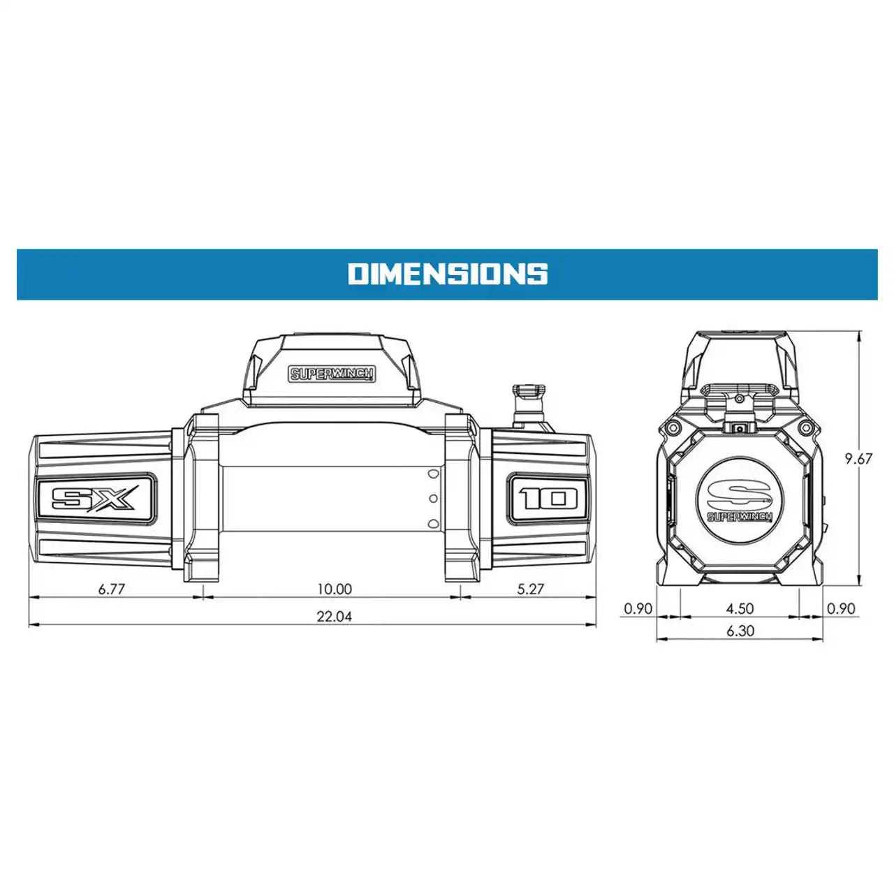 Technical drawing of a SX0 winch tool with dimensions labeled