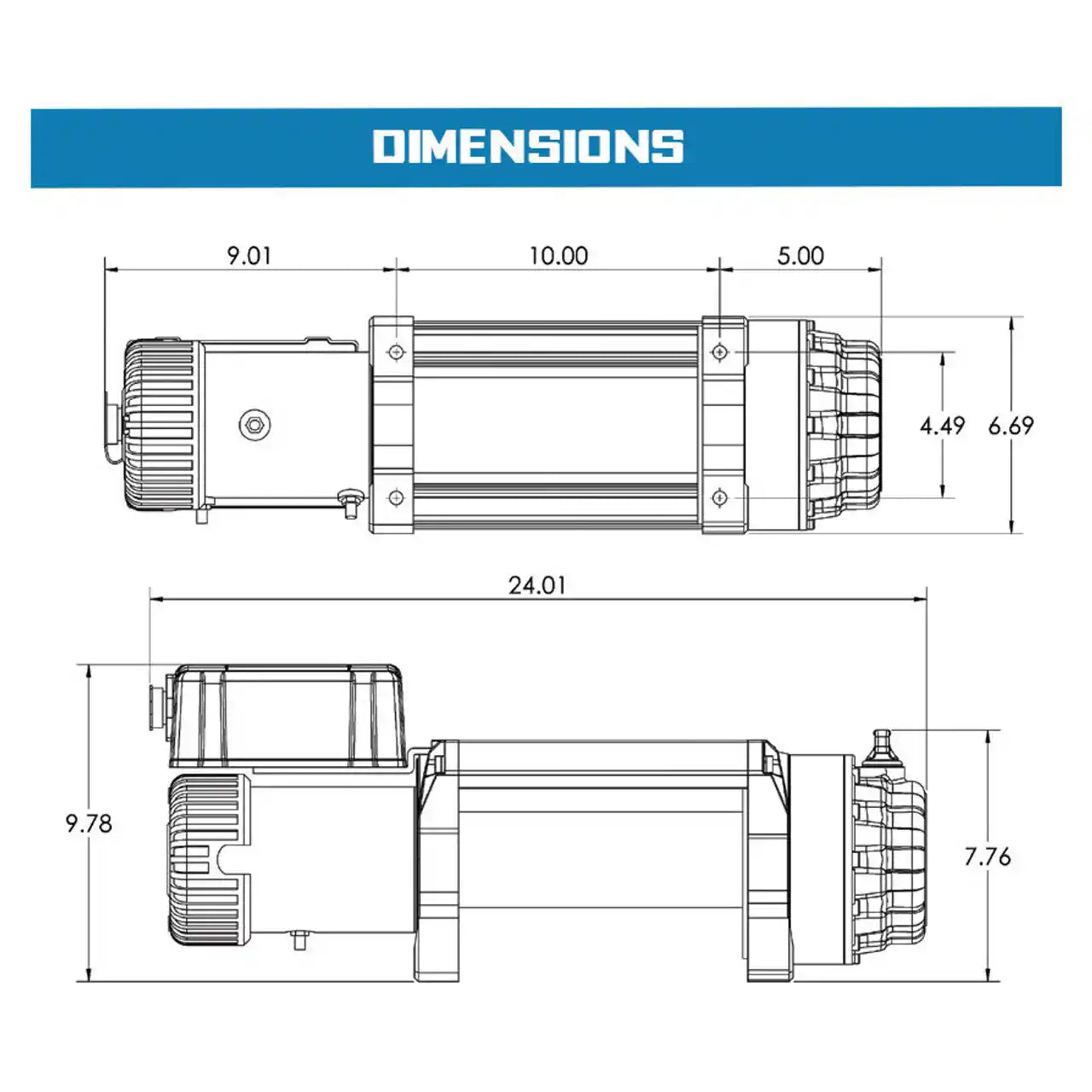 Technical drawing of a Tiger Shark winch with dimensions labeled