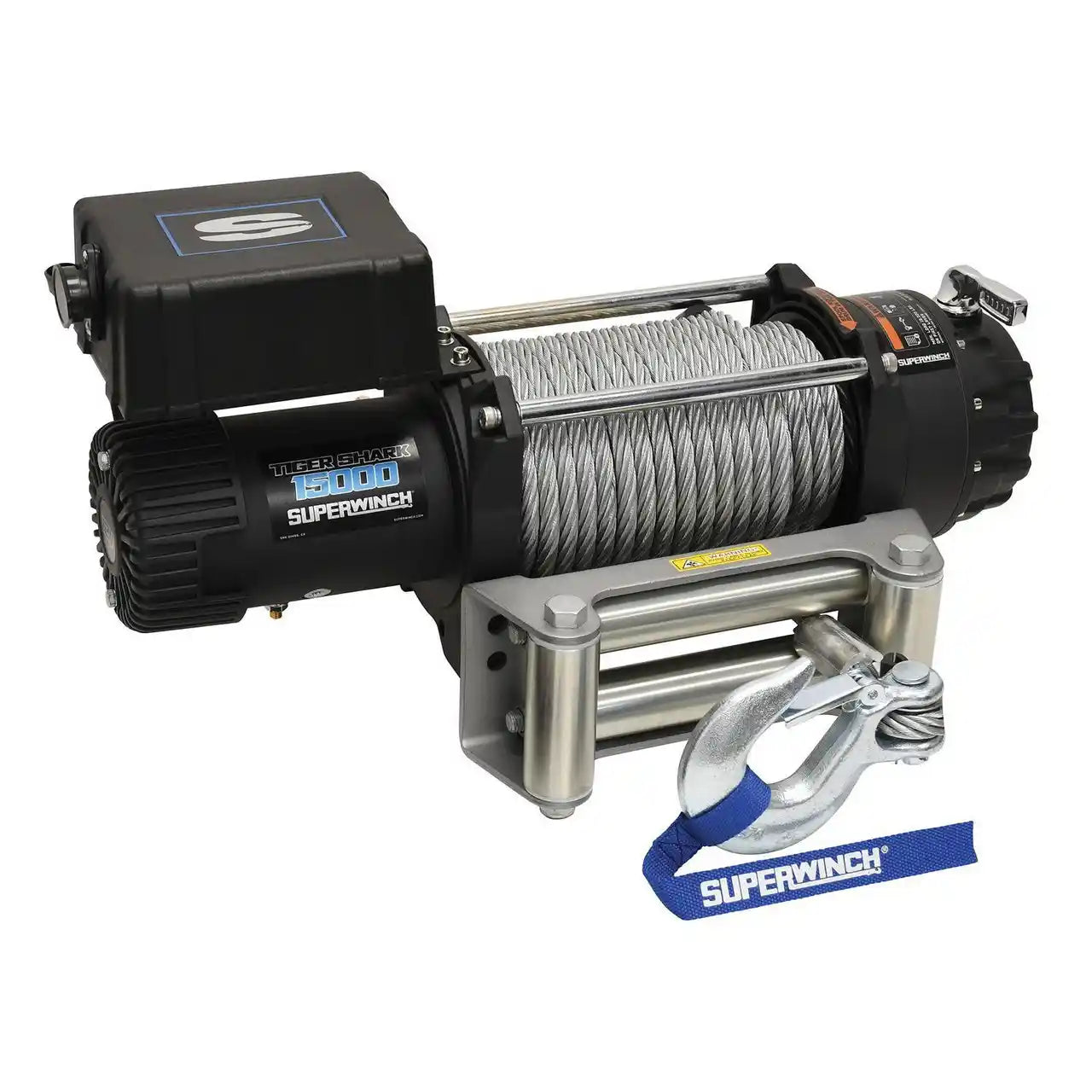 Tiger Shark 15000lb winch with cable and hook on a white background