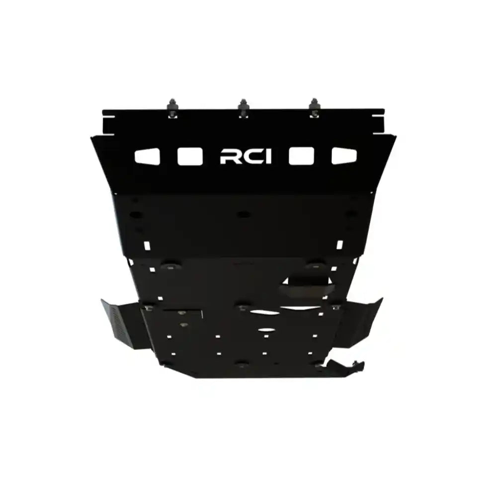 Top-down view of black powder-coated RCI full engine skid plate with logo and mounting tabs
