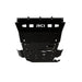 Top-down view of black powder-coated RCI full engine skid plate with logo and mounting tabs