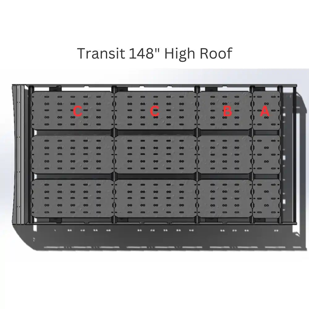 Top view of a vehicle roof rack with panel sections on a white background