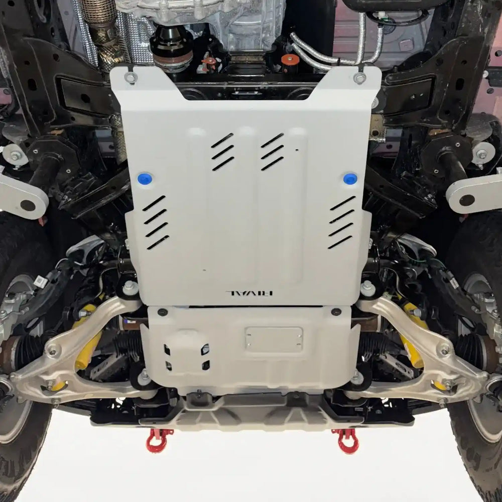 underbody view of Mounted Rival Transmission Skid plate for raptor