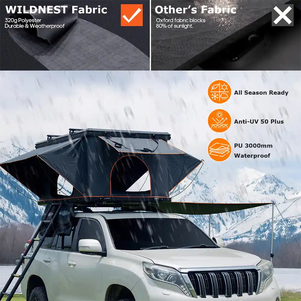 Wildnest Pioneer HD Rooftop Tent Hard Shell with USB Outlet, Winter Thermal Liner, Summer Side Awning and Luggage Racks