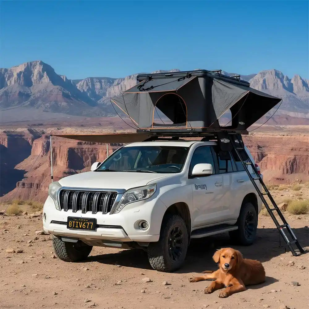 Trustmade Wildnest Pioneer HD rooftop tent on SUV in desert