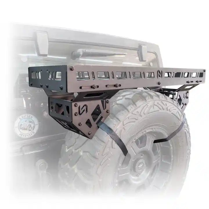 Turn Offroad spare tire mounted cargo rack on off-road vehicle