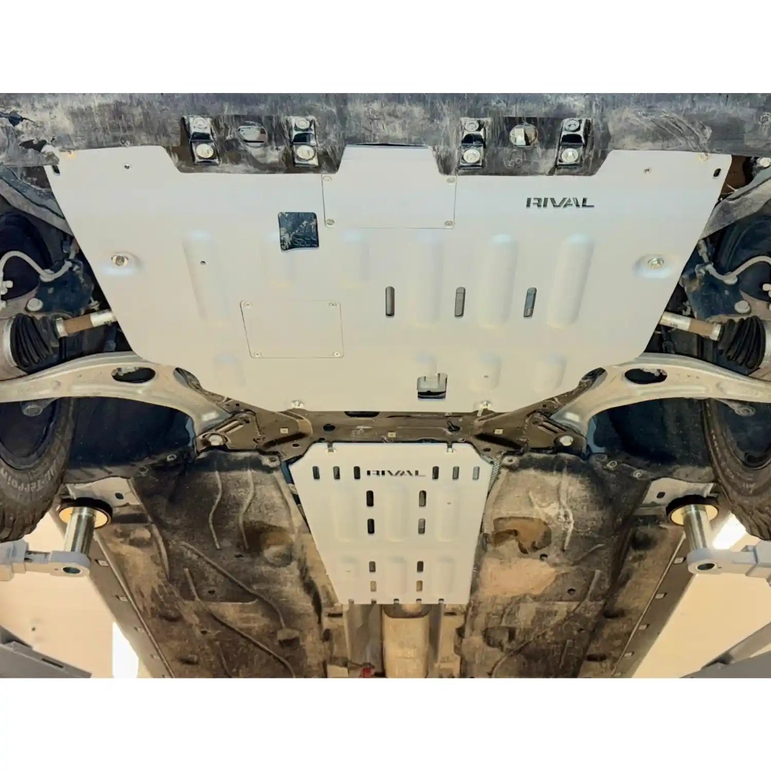 Underbody view of mounted rival engine skid plate