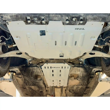 Underbody view of mounted rival engine skid plate
