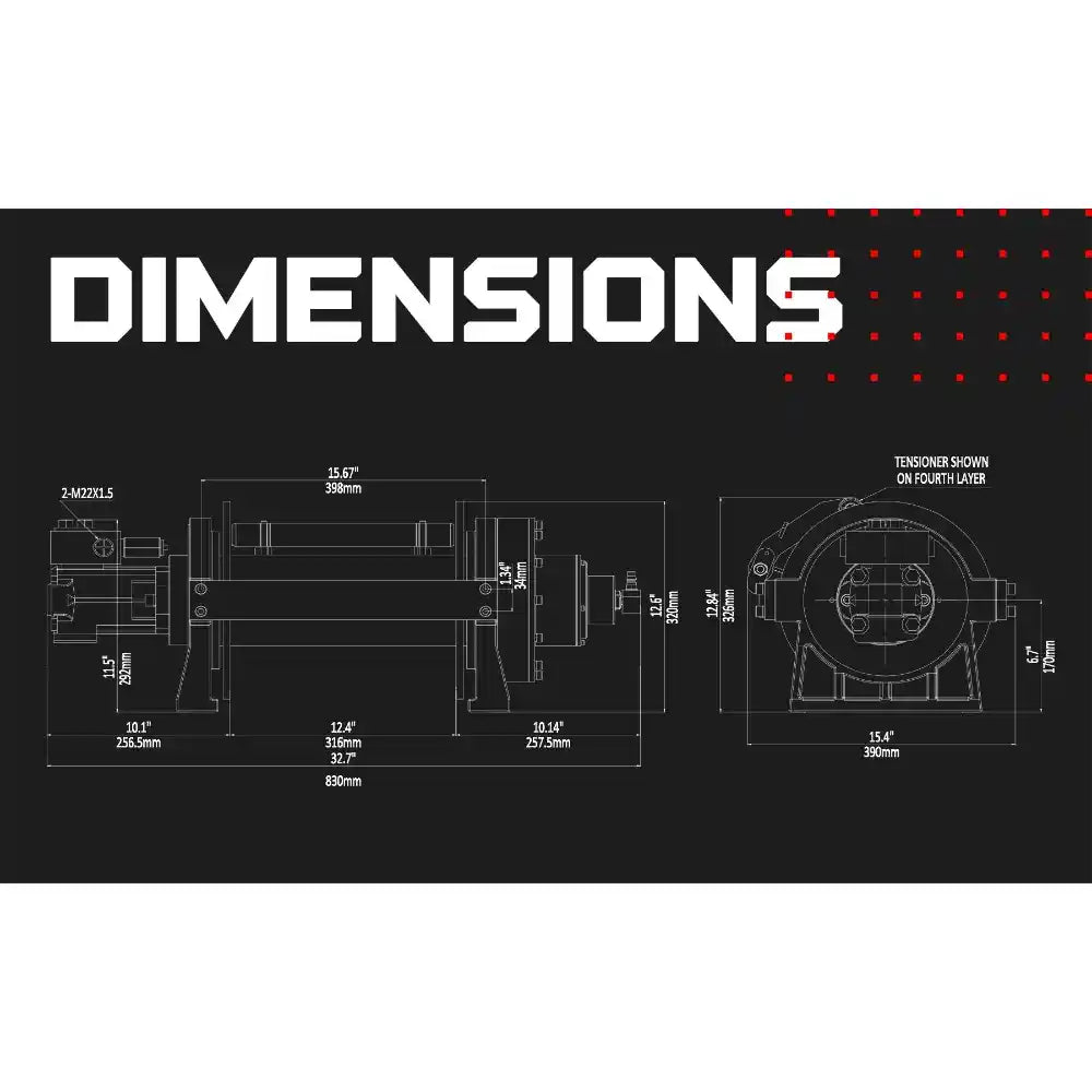 Technical drawing of a JR10 Warrior Winch components with dimensions on a black background