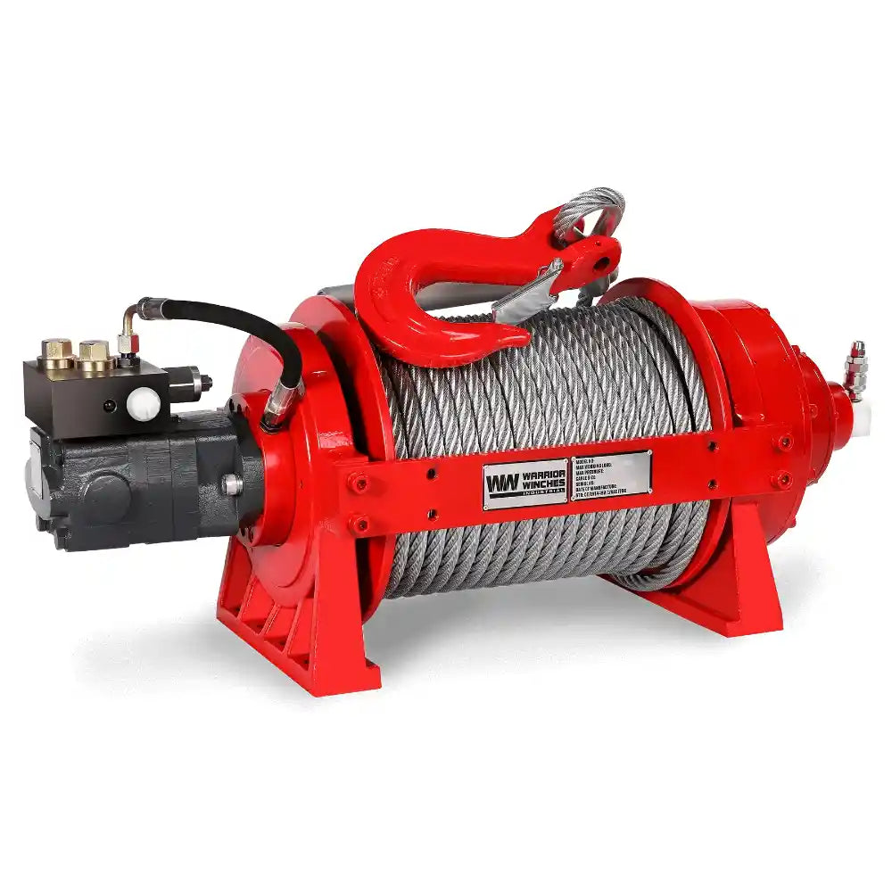 Warrior JR10 22,000lb Red winch with cable on a white background