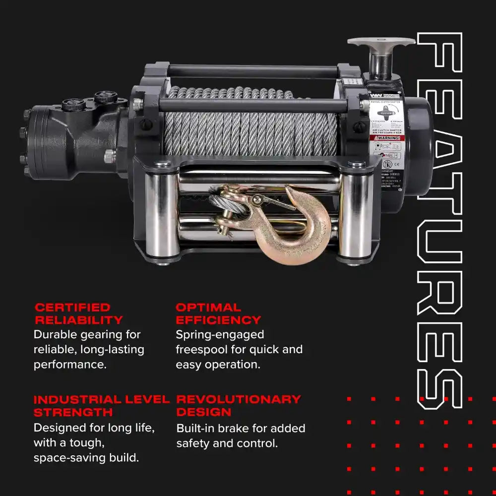 Industrial Hydraulic Winch with features listed on a black background