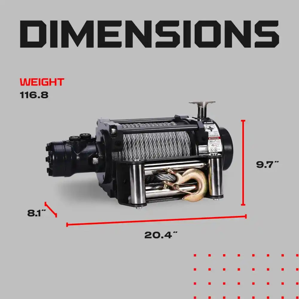 Hydraulic Winch with dimensions labeled on a gray background