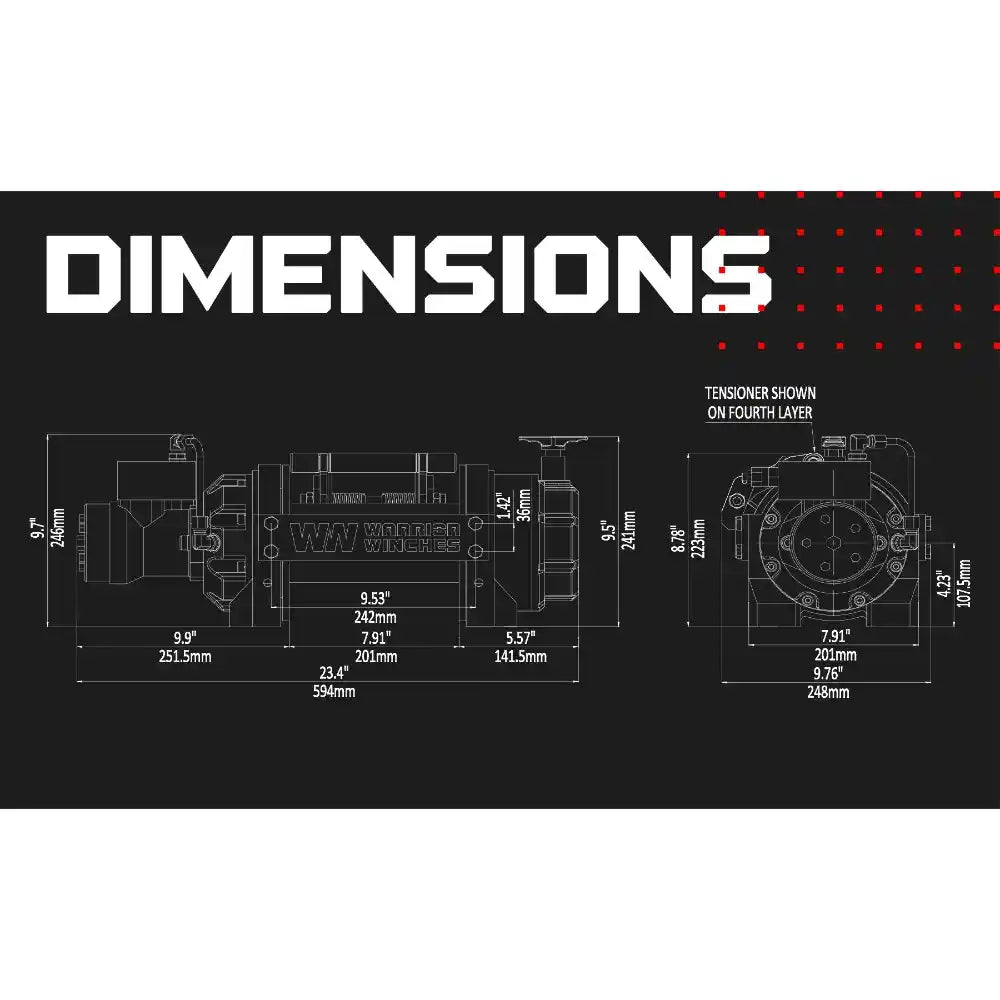 Technical drawing of a Warrior Winch with dimensions on a black background