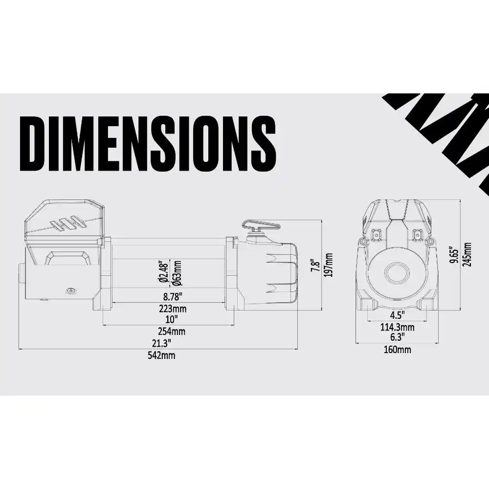 Technical drawing of a winch with dimensions labeled on a white background