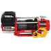 Red and black Stealth 13500lb electric winch with yellow hook on a white background
