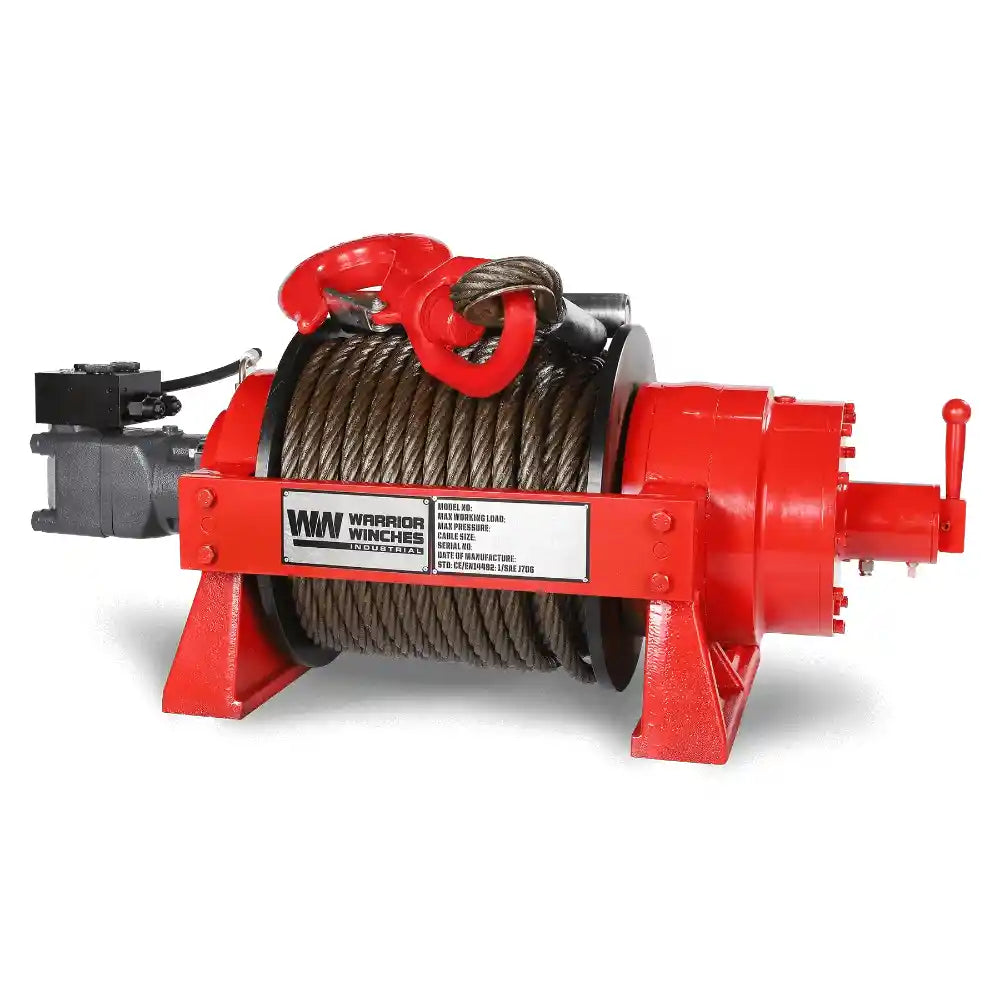 Red JR15  15 Ton winch with rope on a white background, featuring the Warrior Winches logo.