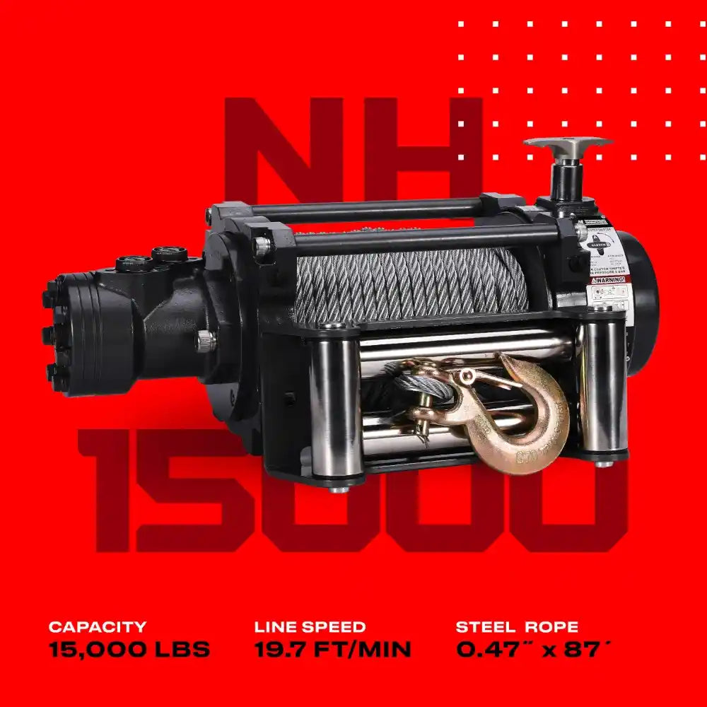 Warrior Winch NH 15,000lb with specifications on a red background