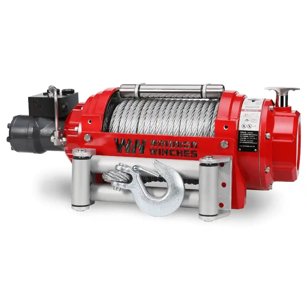 Red RV15 warrior winch with cable and hook on a white background